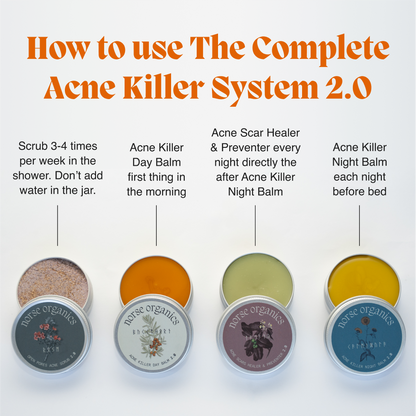 How-to-use graphic for the Complete Acne Killer System 2.0 with its four product jars