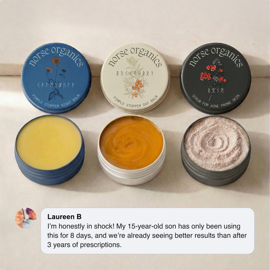 Three open Kill Acne & Redness Ritual jars — night balm, day balm and scrub — with a parent testimonial