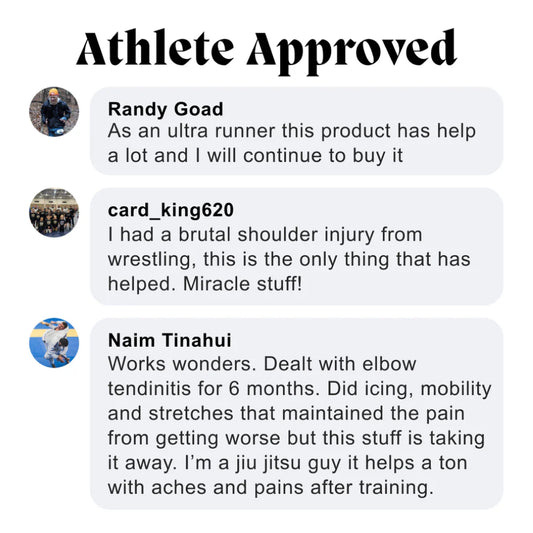 Athlete Approved graphic with customer reviews praising the Muscle & Joint Builder Balm