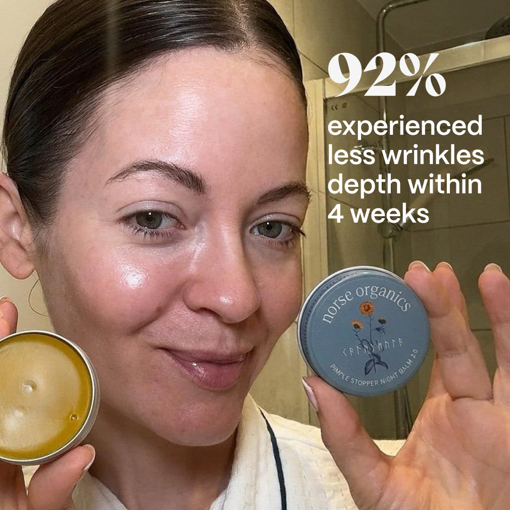 Woman holding open and closed Anti-Age & Glow Ritual balm tins beside a smoother-skin-in-4-weeks graphic