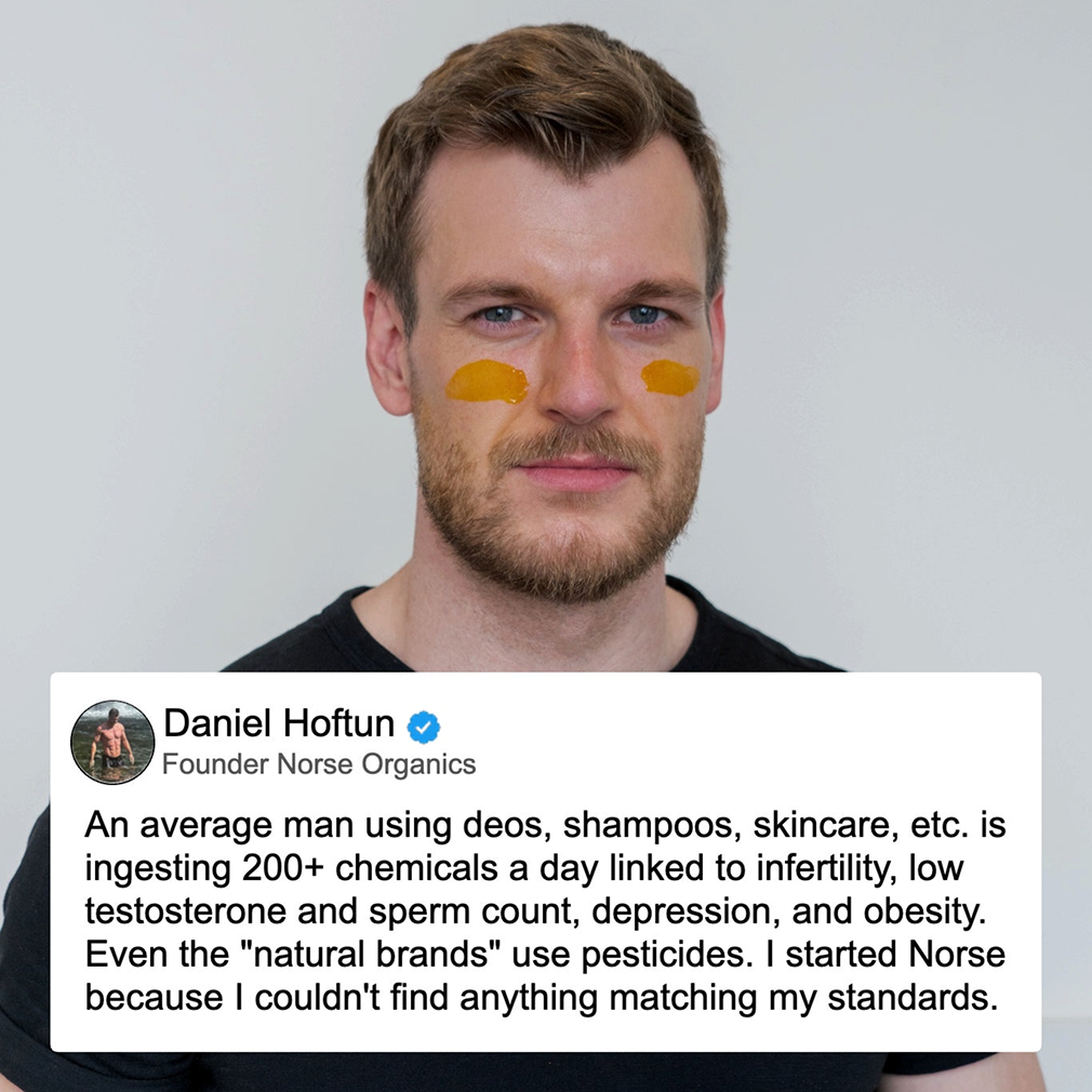 Norse Organics founder with balm on his face beside a quote about natural, chemical-free skincare