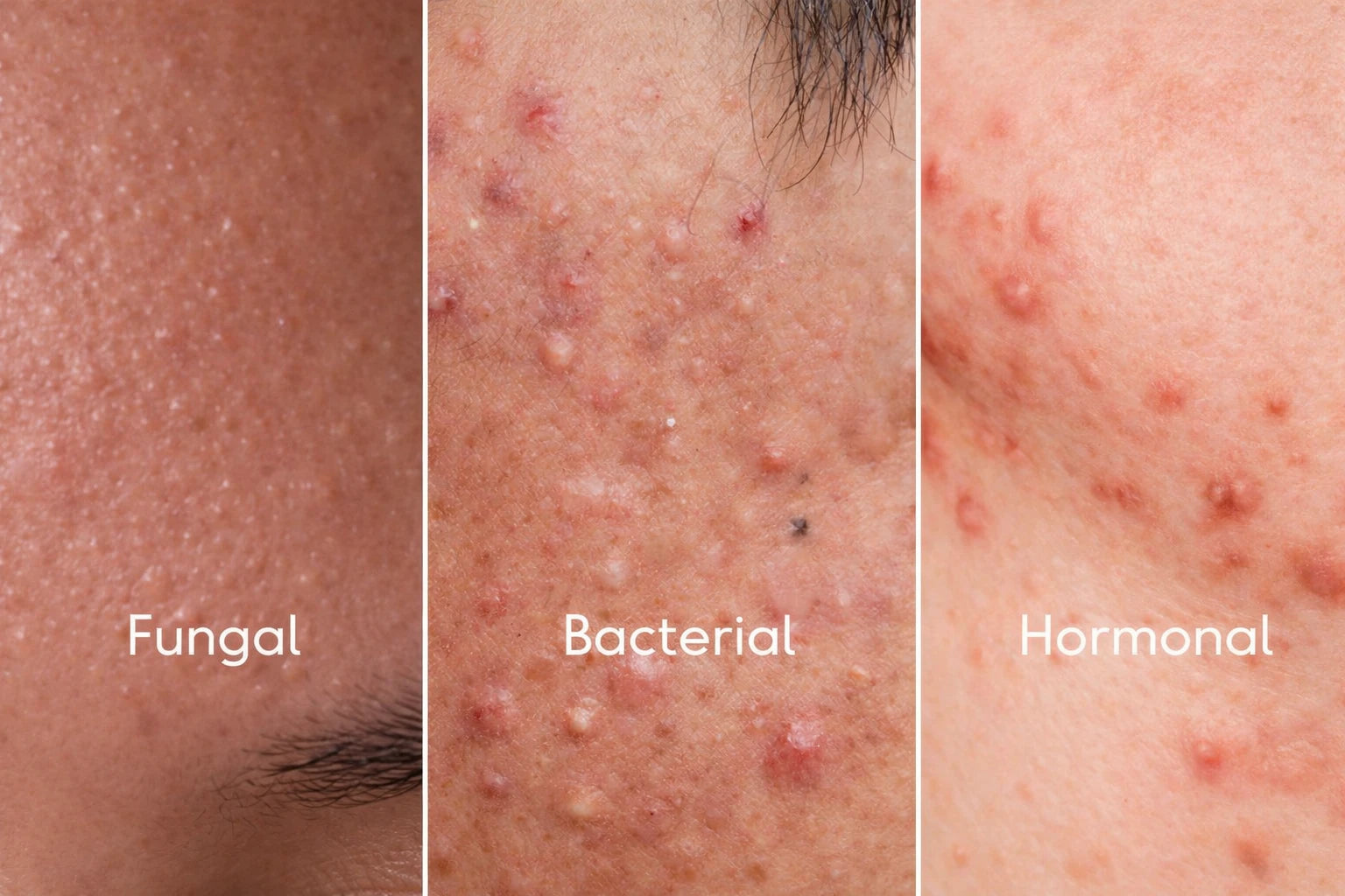Comparison infographic of fungal, bacterial and hormonal acne