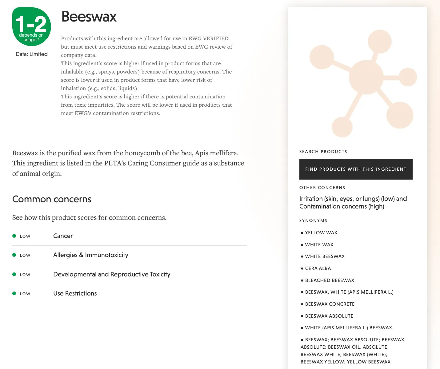 EWG Skin Deep ingredient-safety screenshot for beeswax
