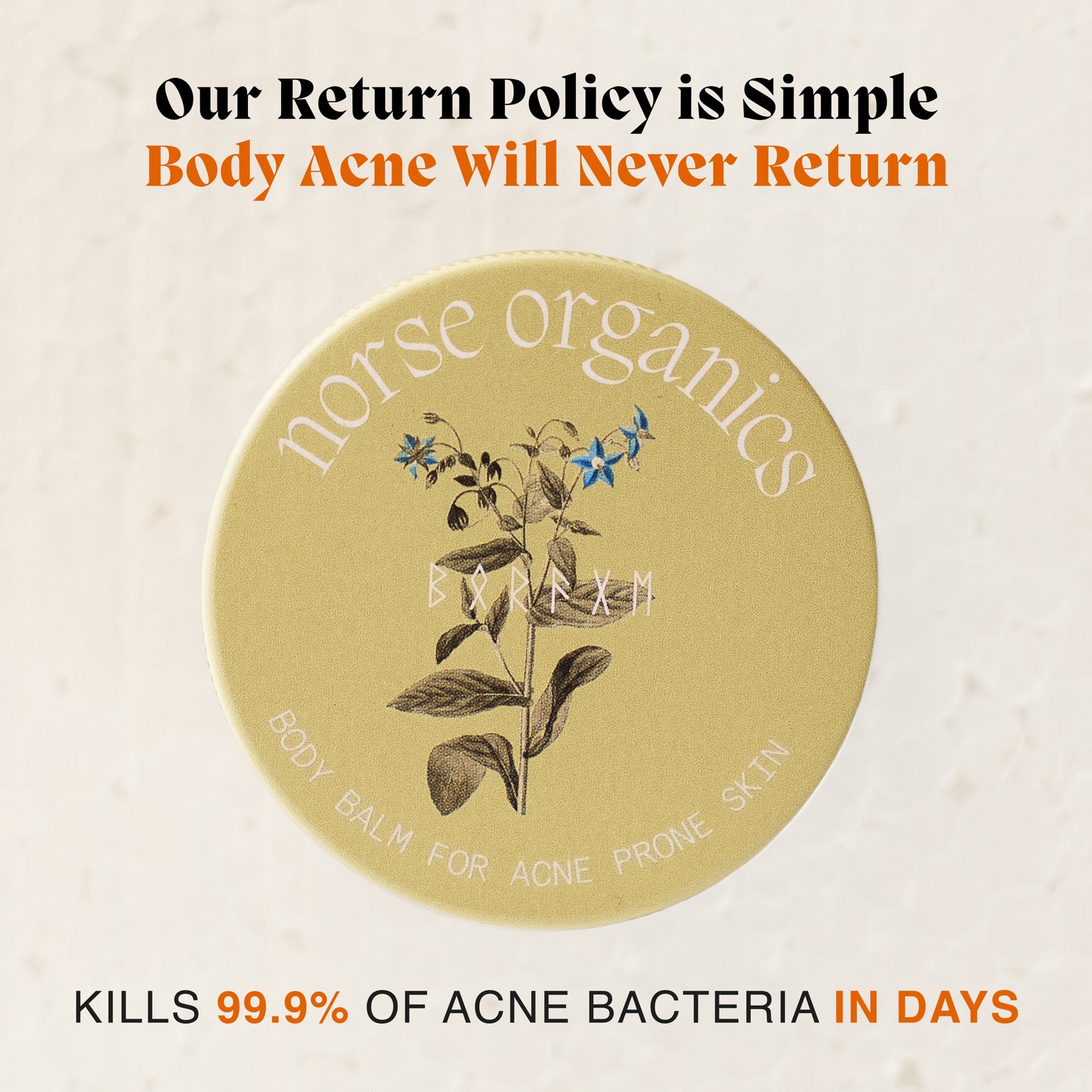 Graphic of Body Balm for Acne Prone Skin jar with on-pack claim text about body acne