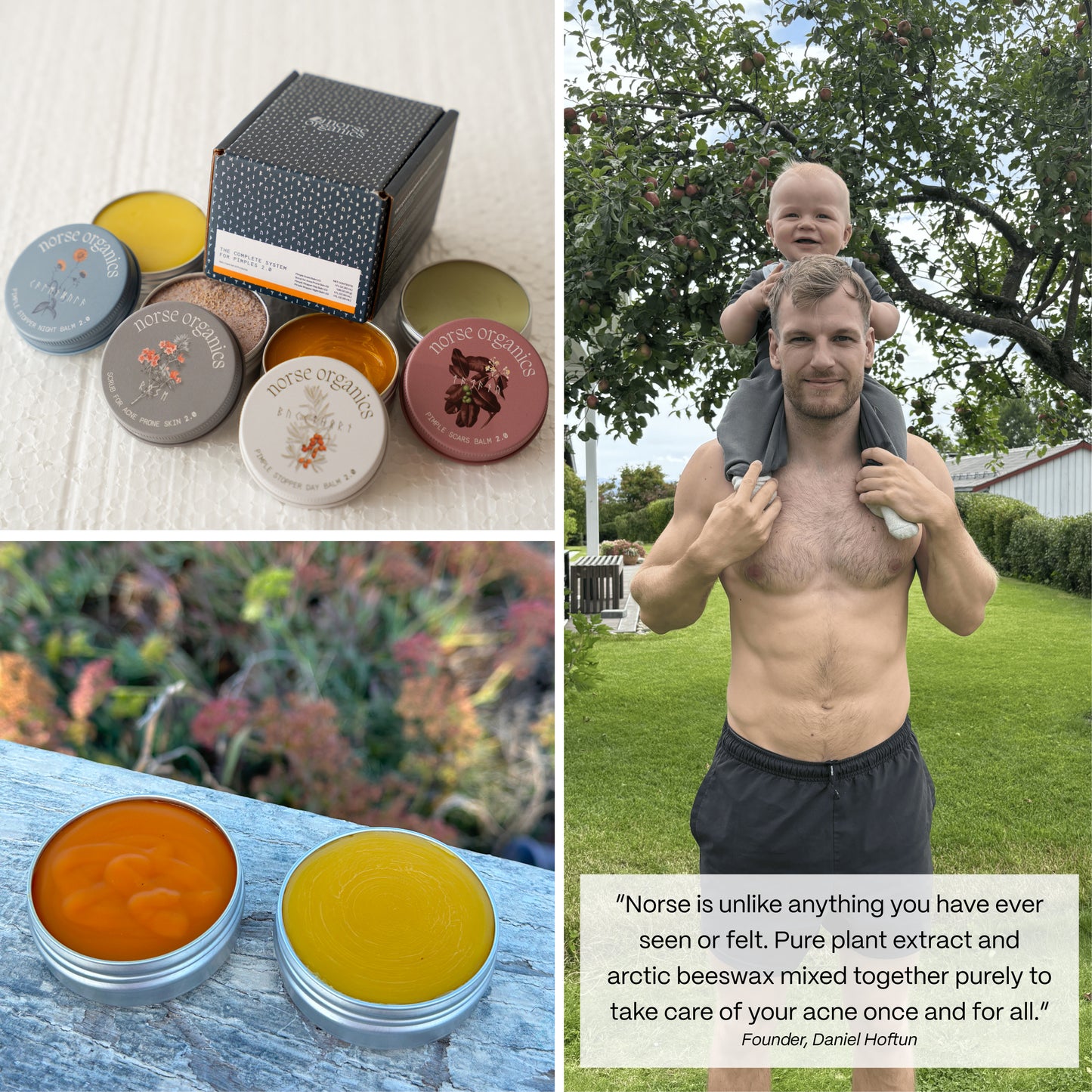 Lifestyle collage of Body Balm tins, open balm and founder outdoors with a natural balm quote