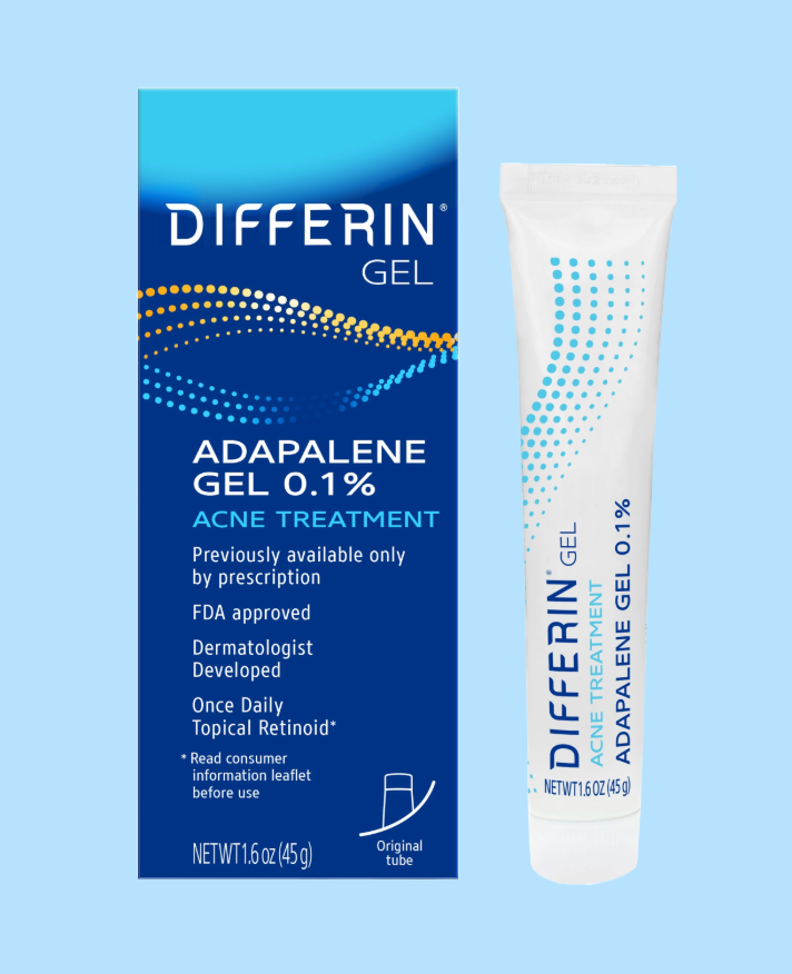 Differin Adapalene Gel 0.1% acne treatment box and tube