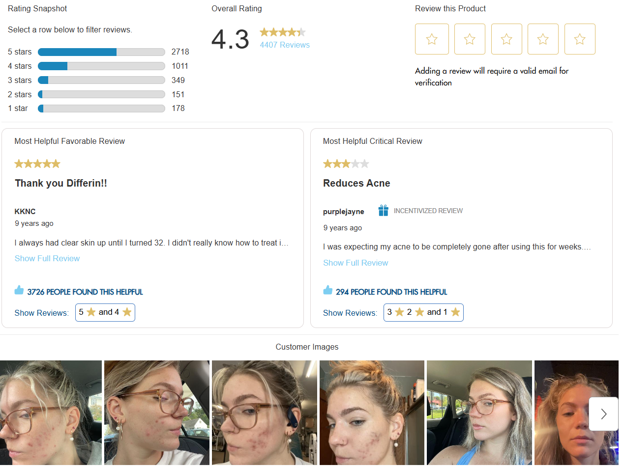 Screenshot of customer star-rating reviews for Differin adapalene gel