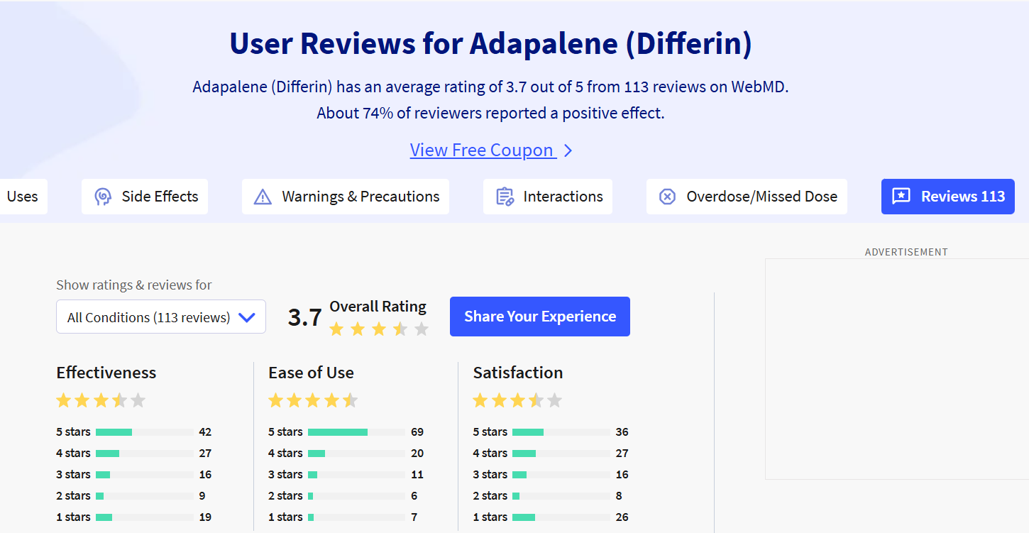 WebMD user-review screenshot for adapalene (Differin) rated 3.7 out of 5