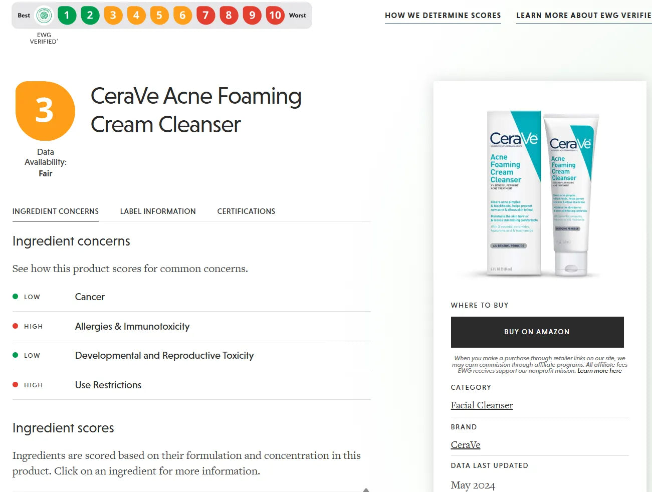 EWG Skin Deep safety-score screenshot for CeraVe Acne Foaming Cream Cleanser