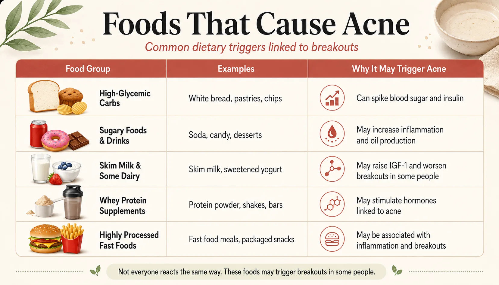 Infographic listing foods that cause acne