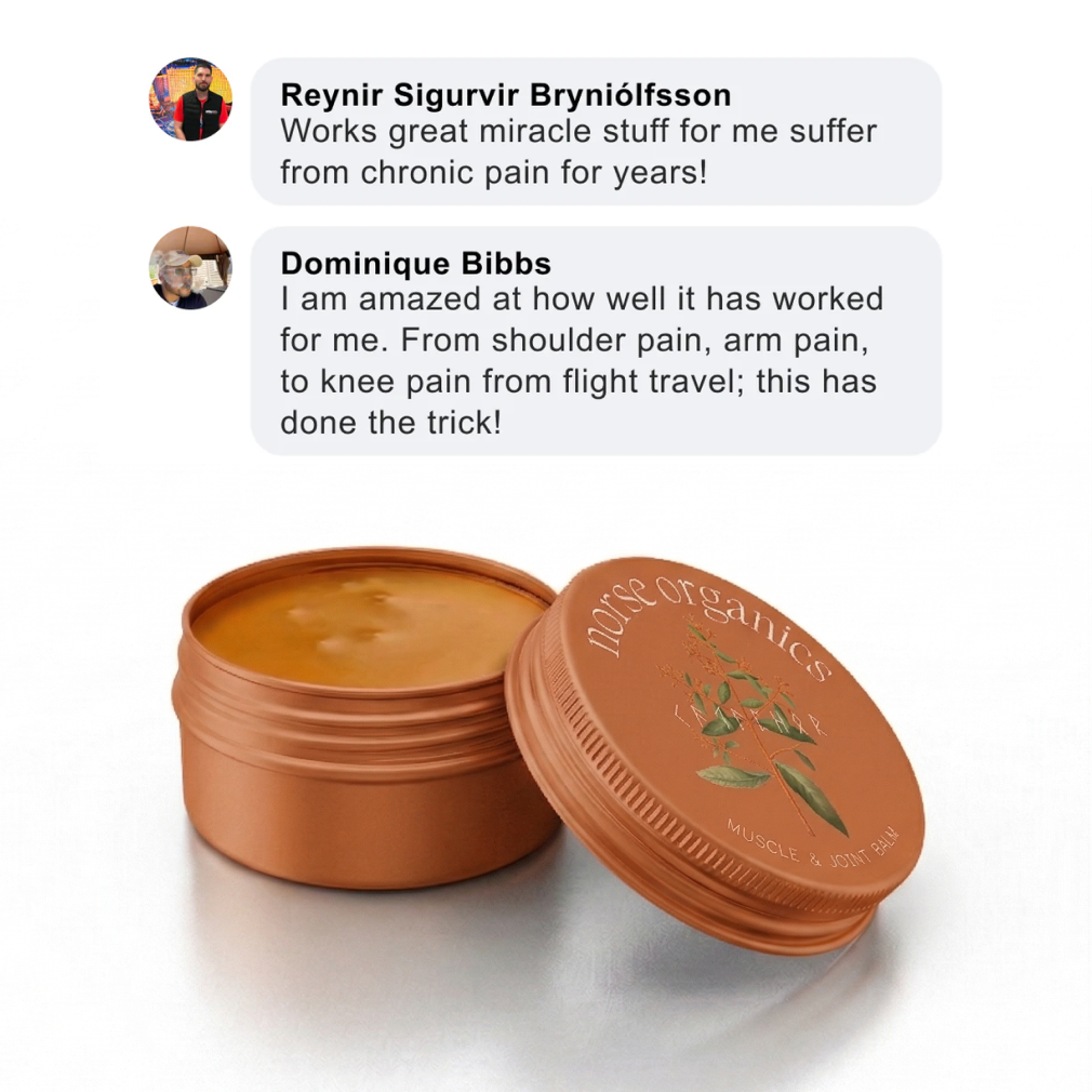 Open Muscle & Joint Builder Balm tin showing amber balm texture beside customer testimonial quotes