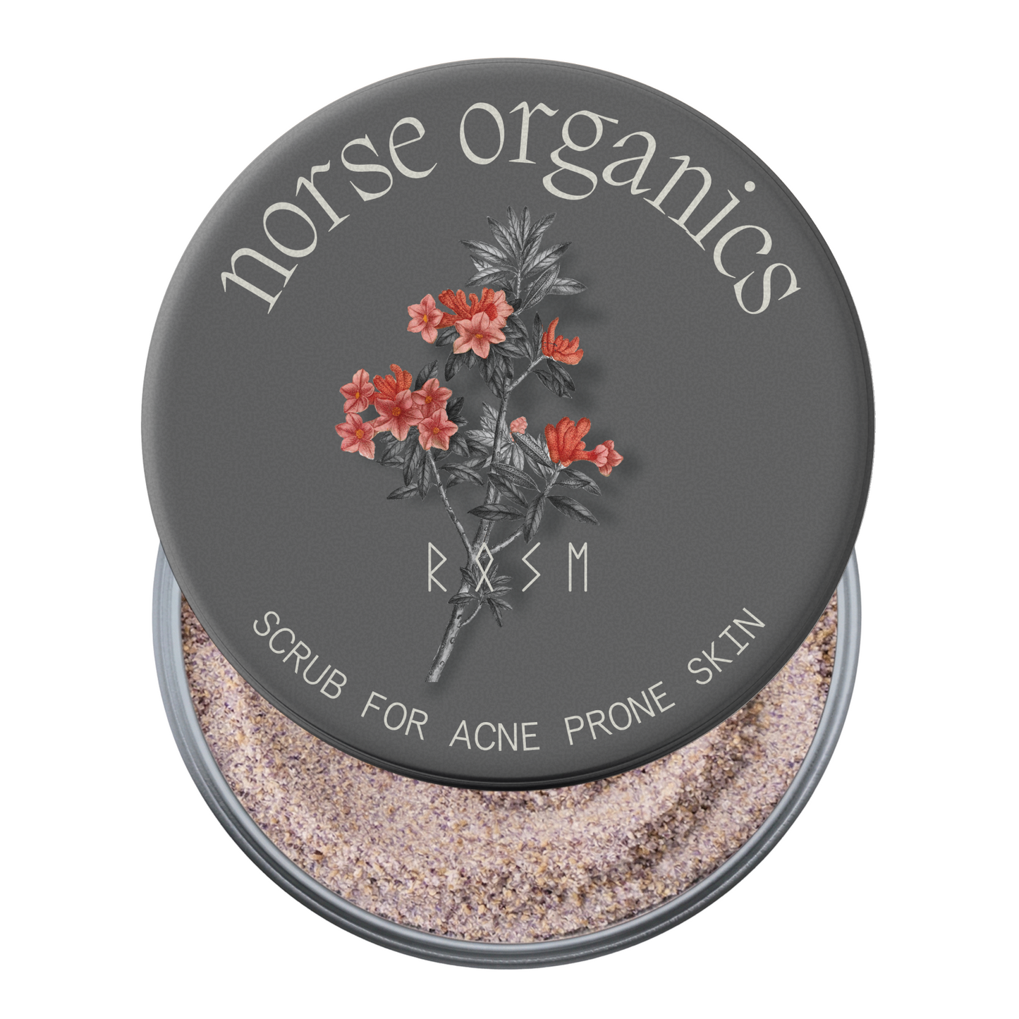 Open Scrub for Acne Prone Skin tin showing gritty natural exfoliant under botanical-art lid