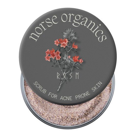 Open Scrub for Acne Prone Skin tin showing gritty natural exfoliant under botanical-art lid