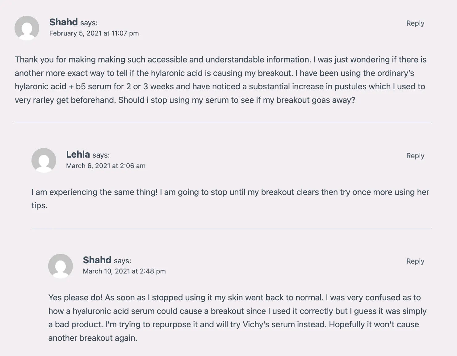 Screenshot of customer reviews for hyaluronic acid products