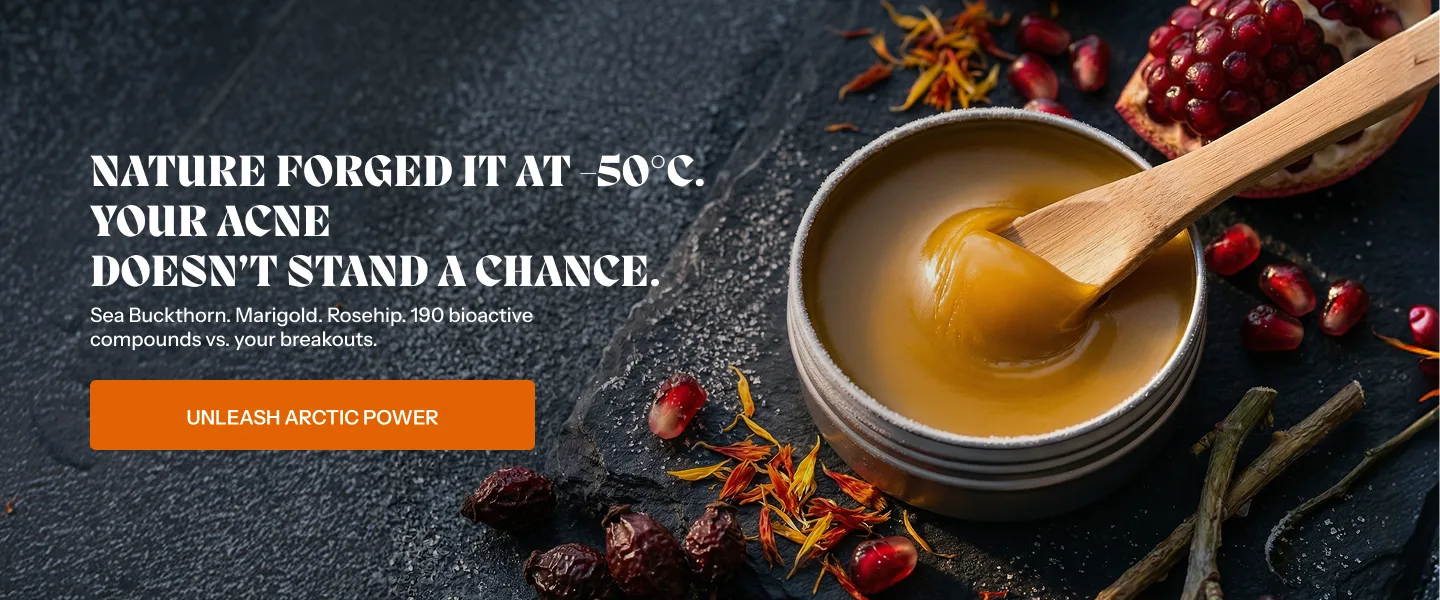 Norse Organics banner with golden balm and Arctic botanicals reading nature forged it at minus 50 degrees