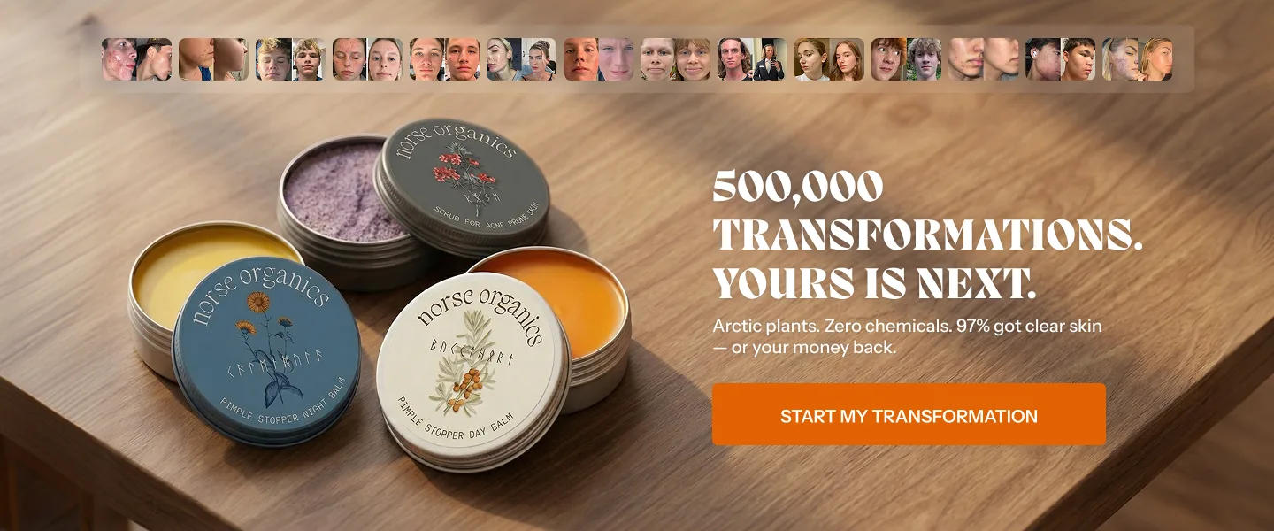 Norse Organics banner with stacked balm tins reading 500,000 transformations, yours is next