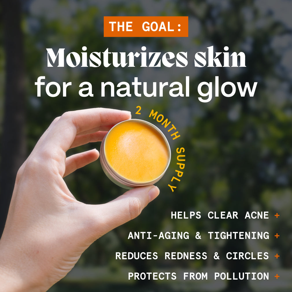 Hand holding open Pimple Stopper Day Balm outdoors, infographic listing natural glow benefits