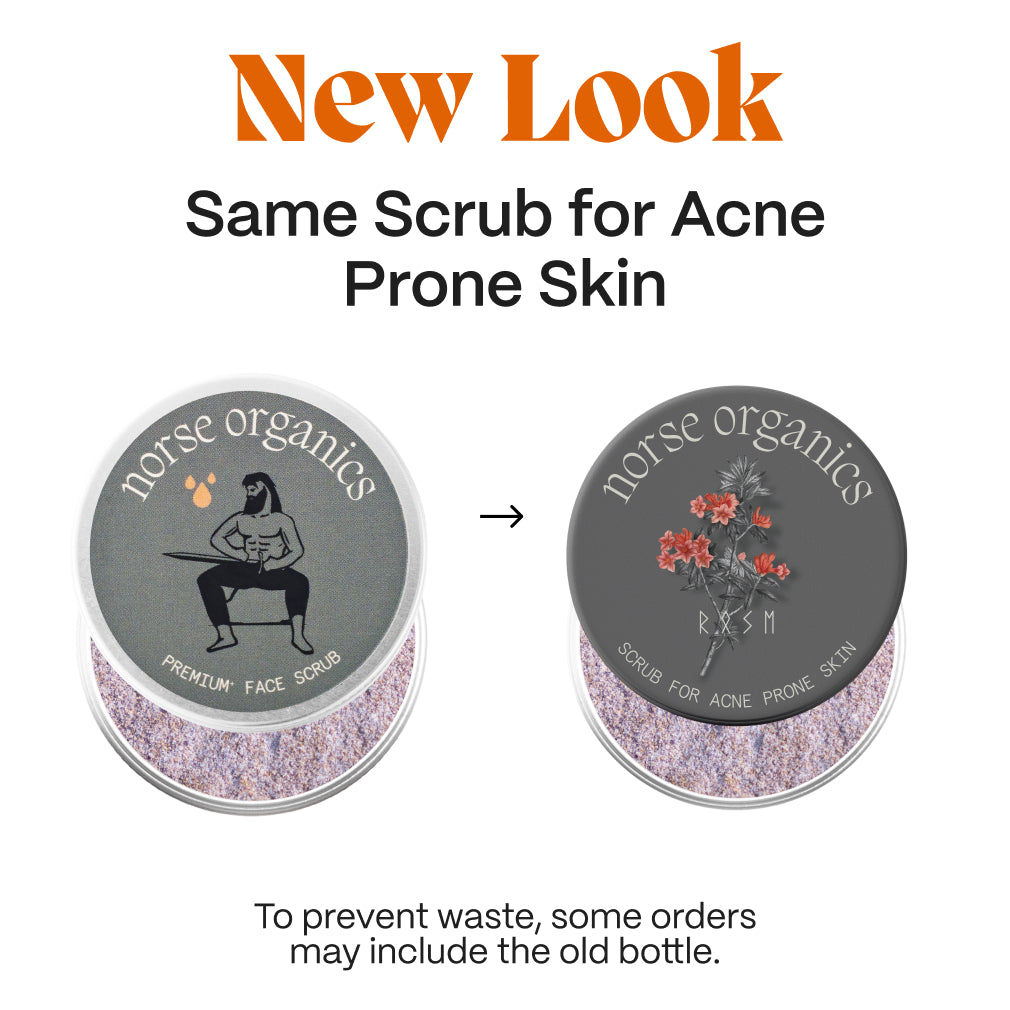 Before and after packaging graphic showing the old and new lid for the Scrub for Acne Prone Skin