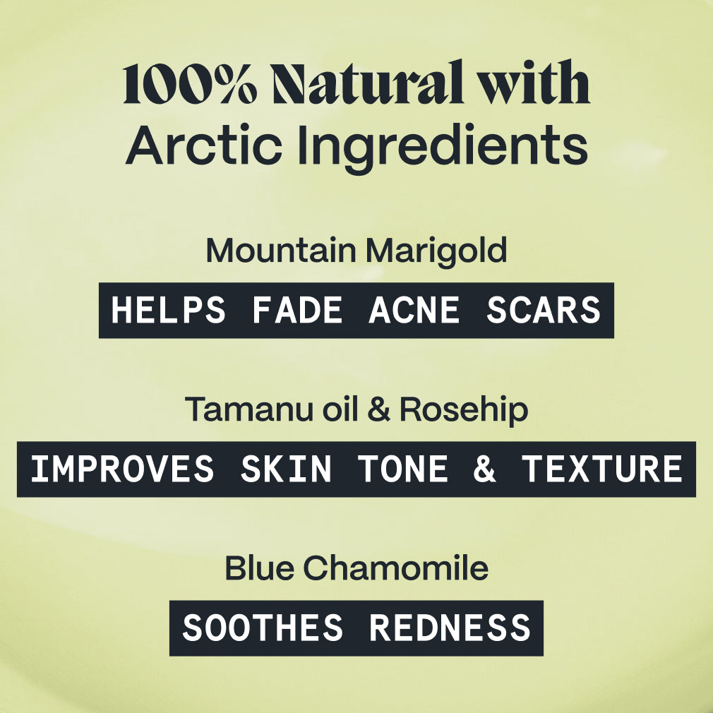 Ingredient benefits card naming mountain marigold, tamanu, rosehip and blue chamomile in the balm
