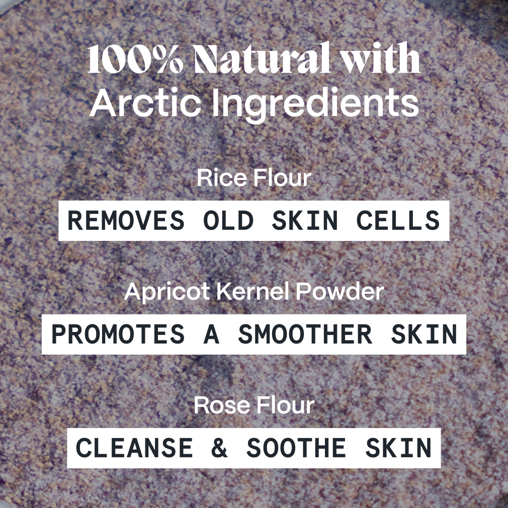 Infographic over scrub texture naming rice, apricot kernel and rose flour and their roles