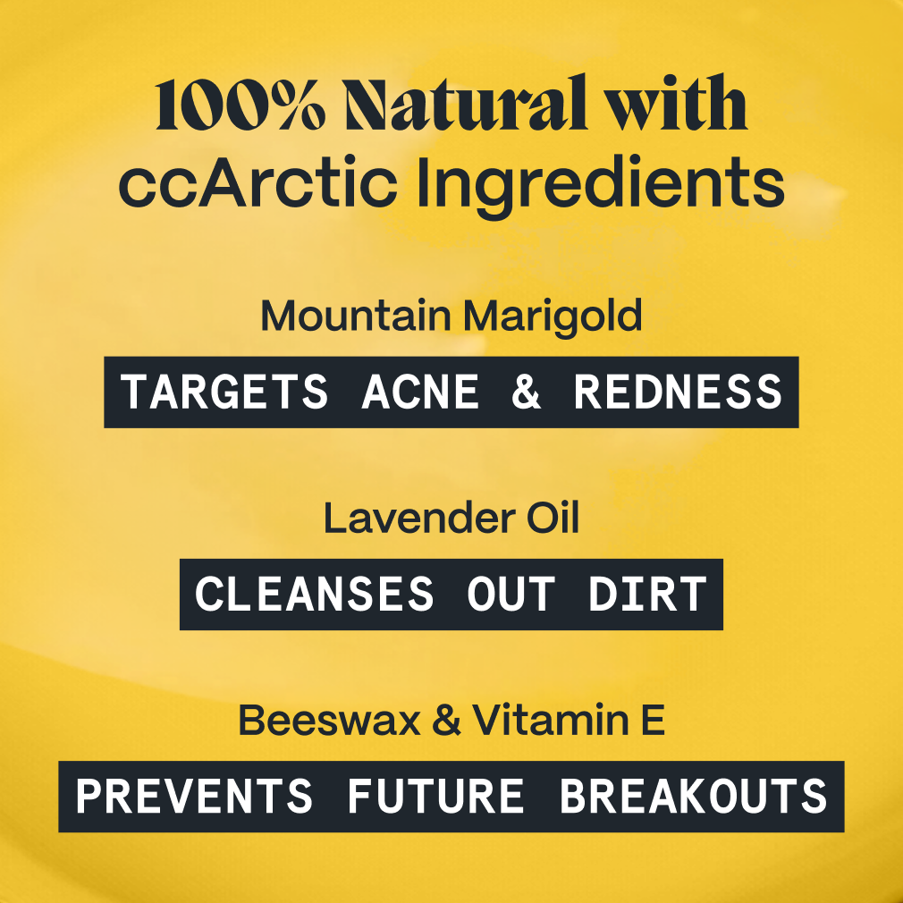 Infographic of natural Arctic ingredients in Pimple Stopper Night Balm: marigold, lavender, beeswax