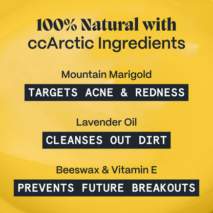 Infographic of natural Arctic ingredients in Pimple Stopper Night Balm: marigold, lavender, beeswax