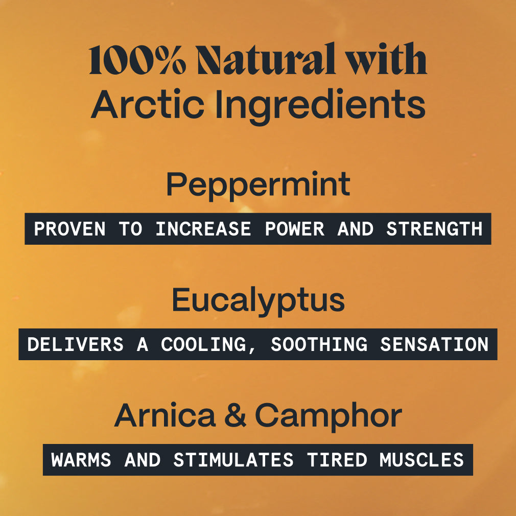 Ingredient card listing peppermint, eucalyptus, arnica and camphor in the Muscle & Joint Builder Balm