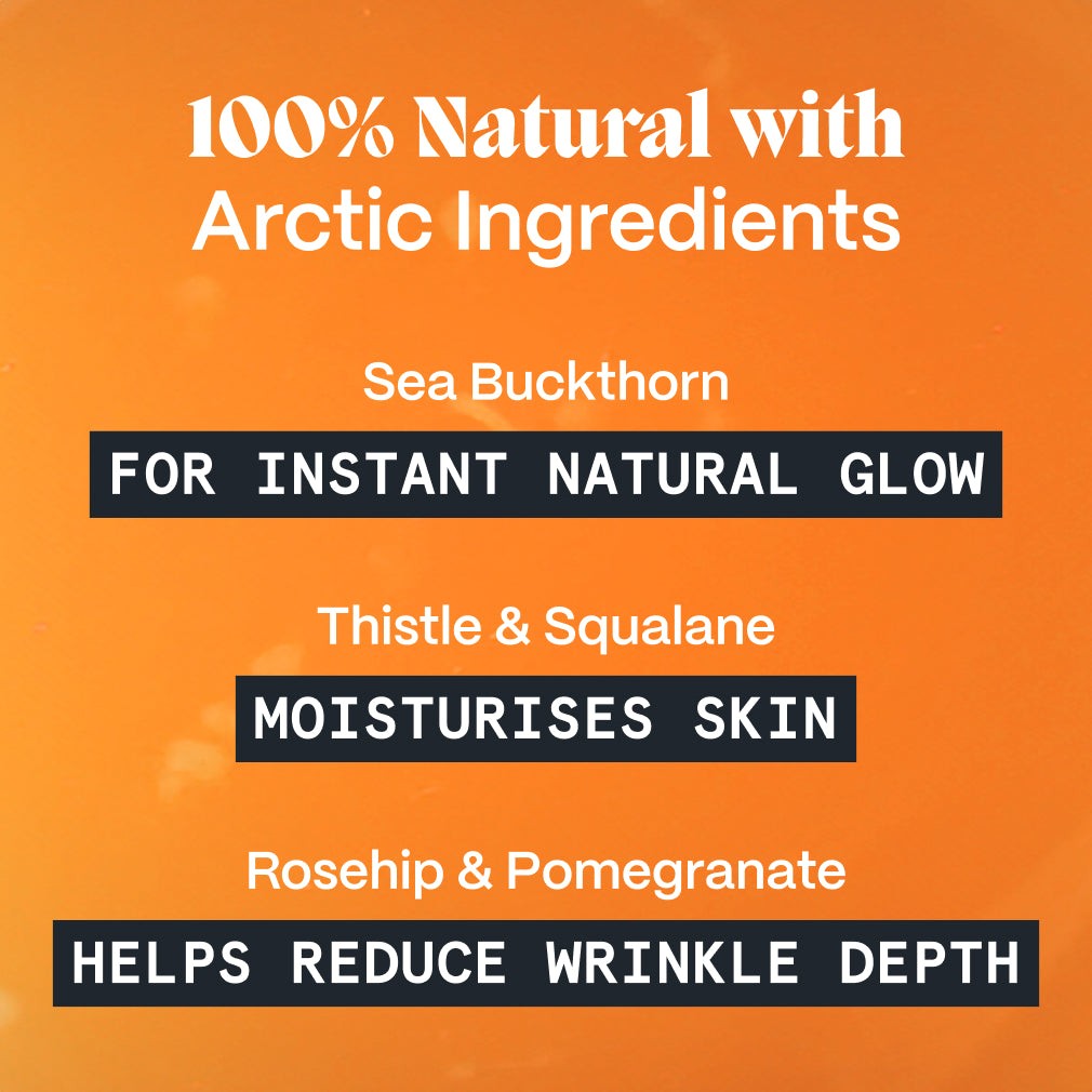 Arctic botanicals graphic naming sea buckthorn, squalane and rosehip in Pimple Stopper Day Balm