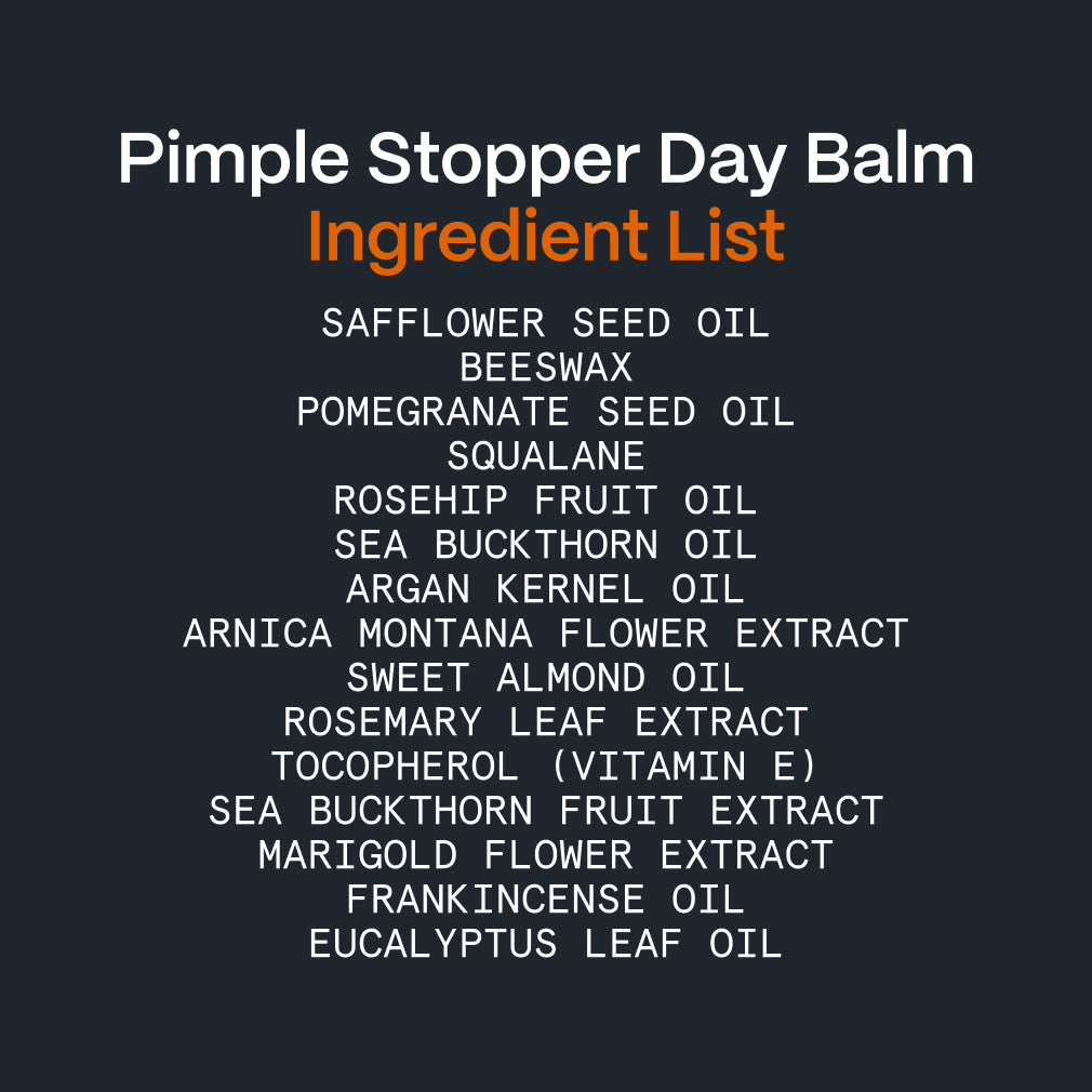 Ingredient list graphic for the Pimple Stopper Day Balm in the Acne Killer System
