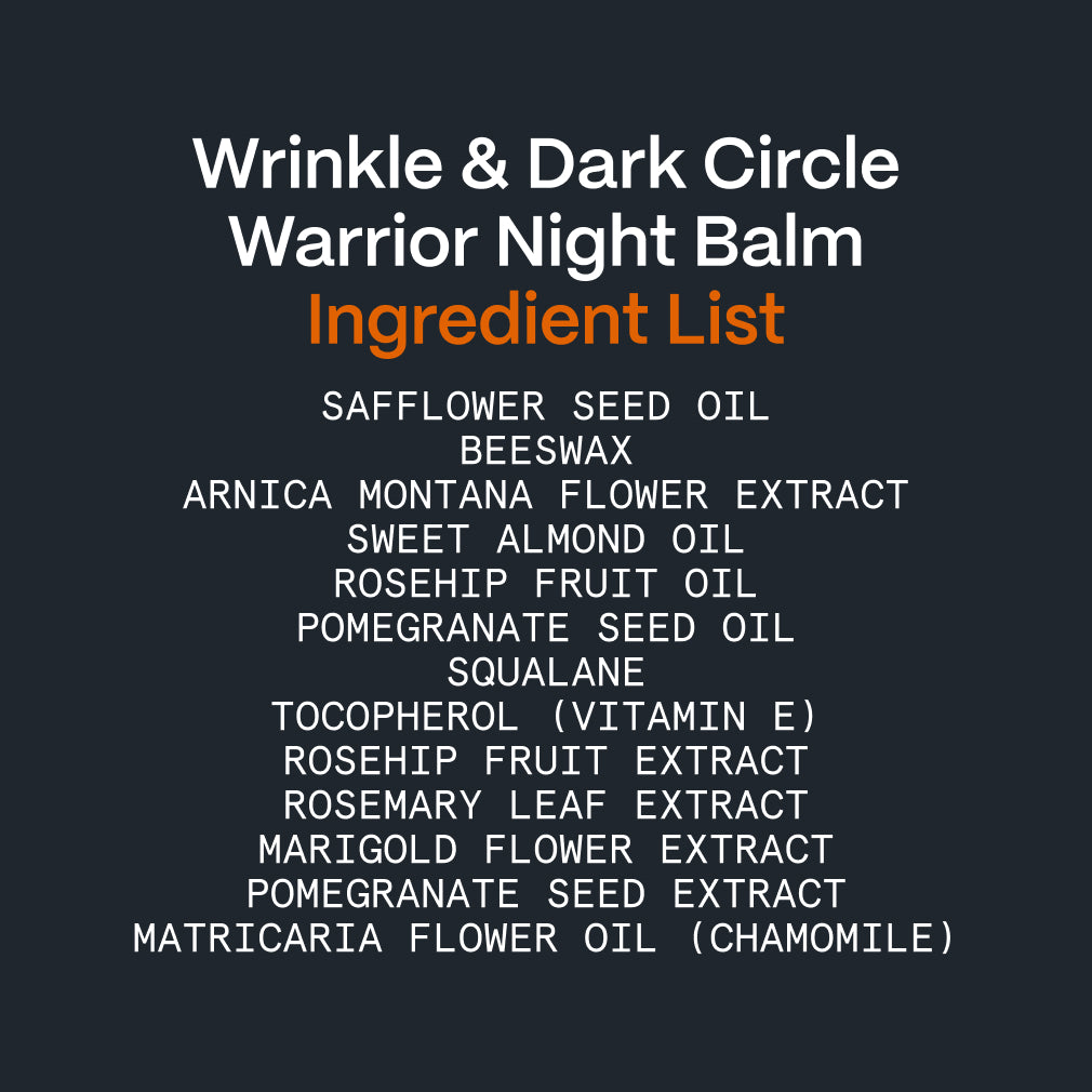 Ingredient list graphic for the Wrinkle & Dark Circle Warrior Night Balm with arnica, rosehip and squalane