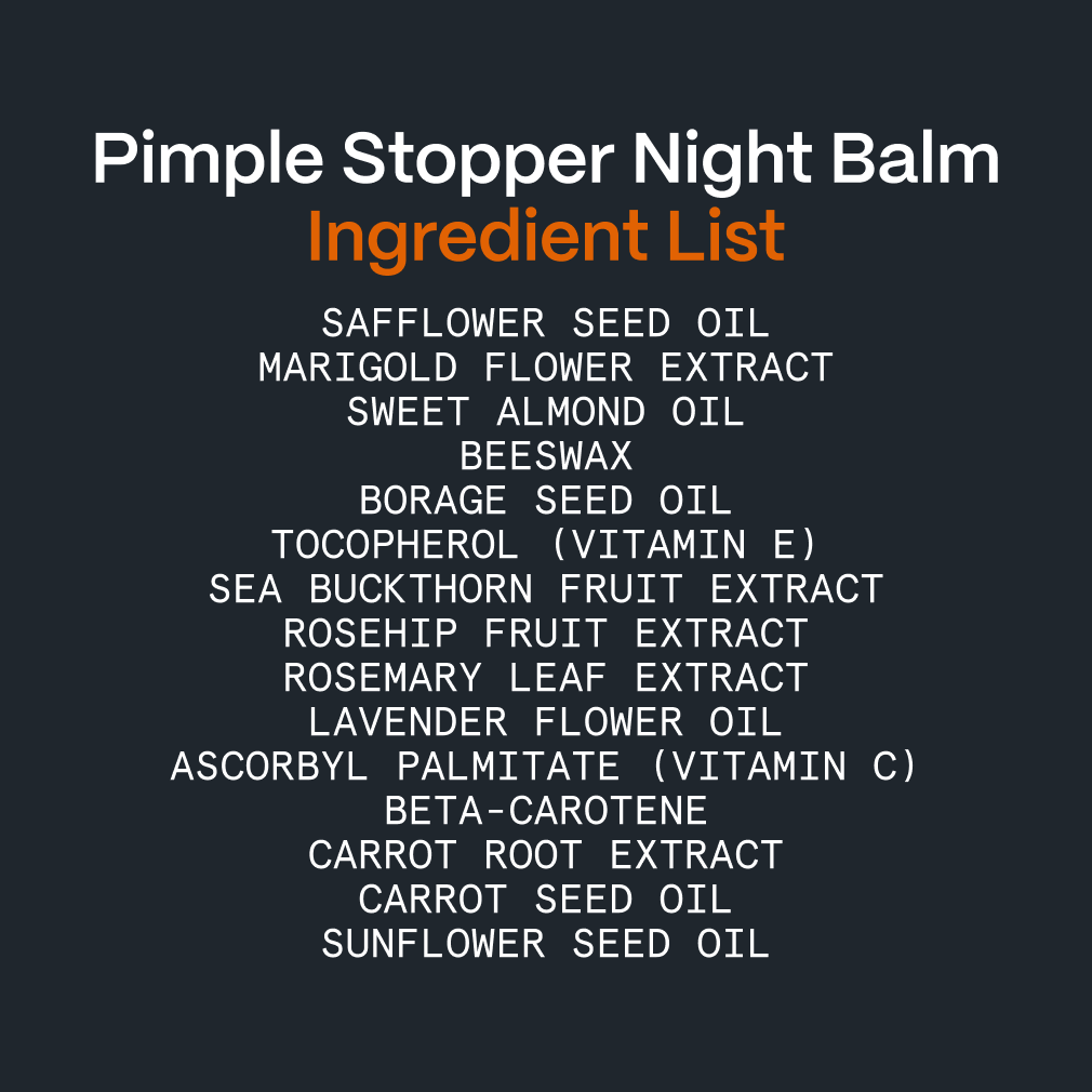 Ingredient list graphic for the Pimple Stopper Night Balm in the Acne Killer System