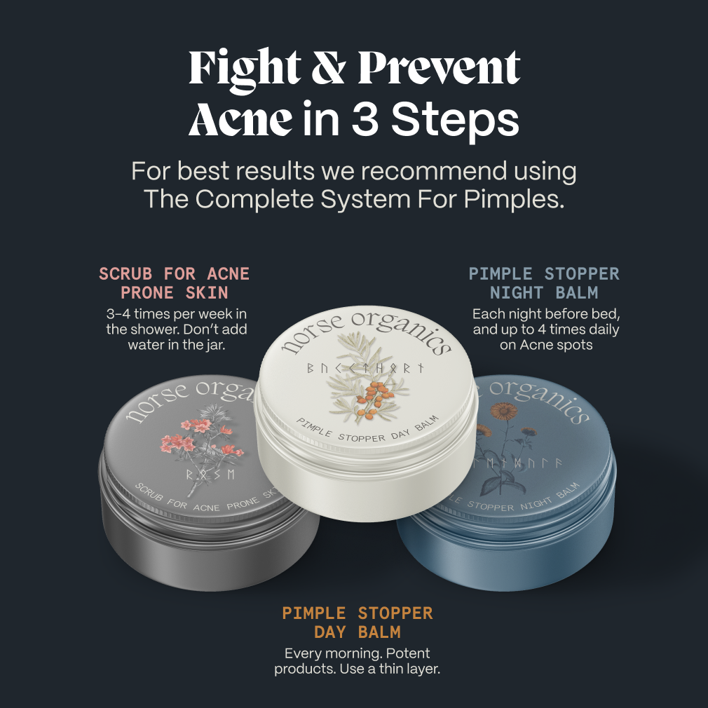 Three-step routine graphic pairing the Scrub, Day Balm and Pimple Stopper Night Balm