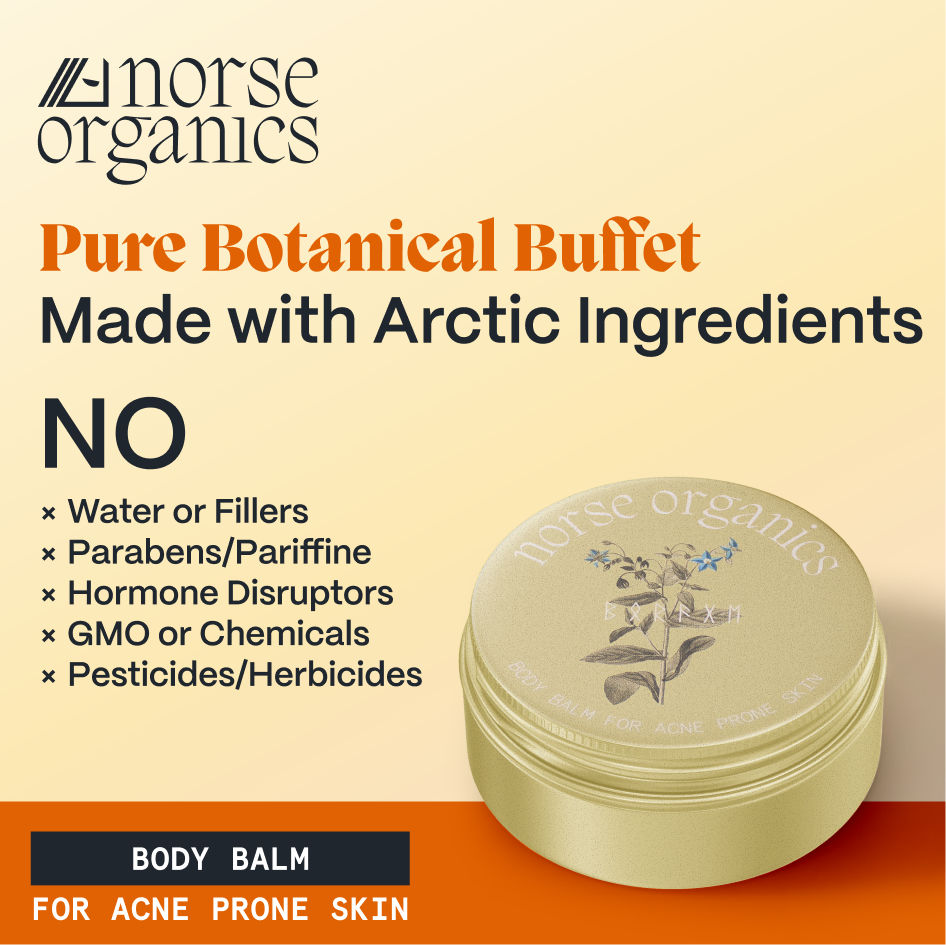 Body Balm for Acne Prone Skin closed jar with free-from list and Arctic botanicals