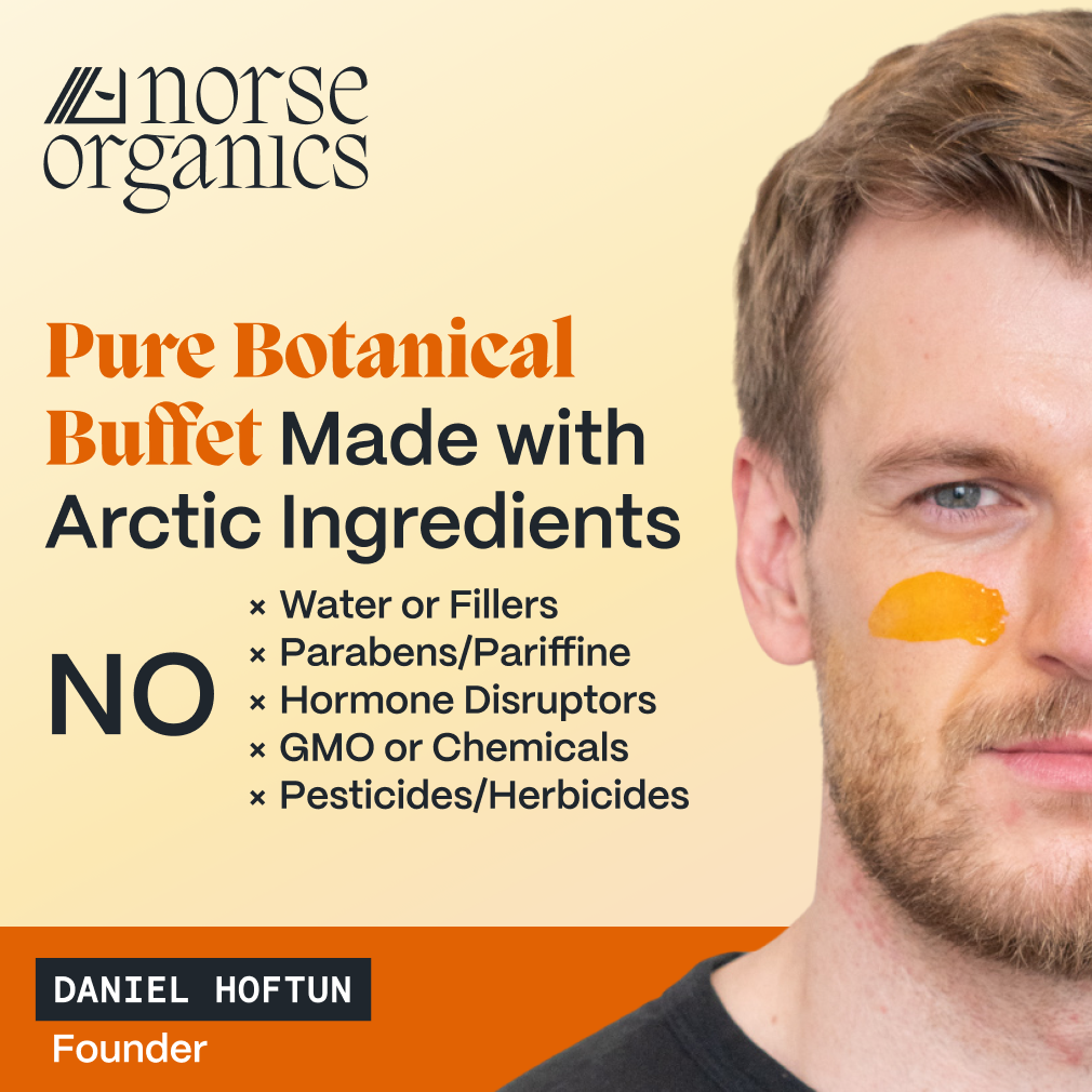 Norse Organics founder with the night balm on his cheek beside a free-from Arctic ingredients graphic