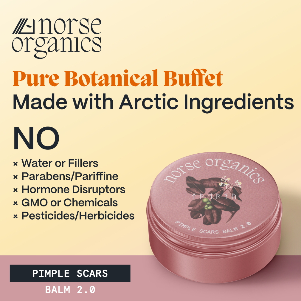 Closed Pimple Scars Balm 2.0 tin with a Pure Botanical Buffet free-from Arctic ingredients graphic