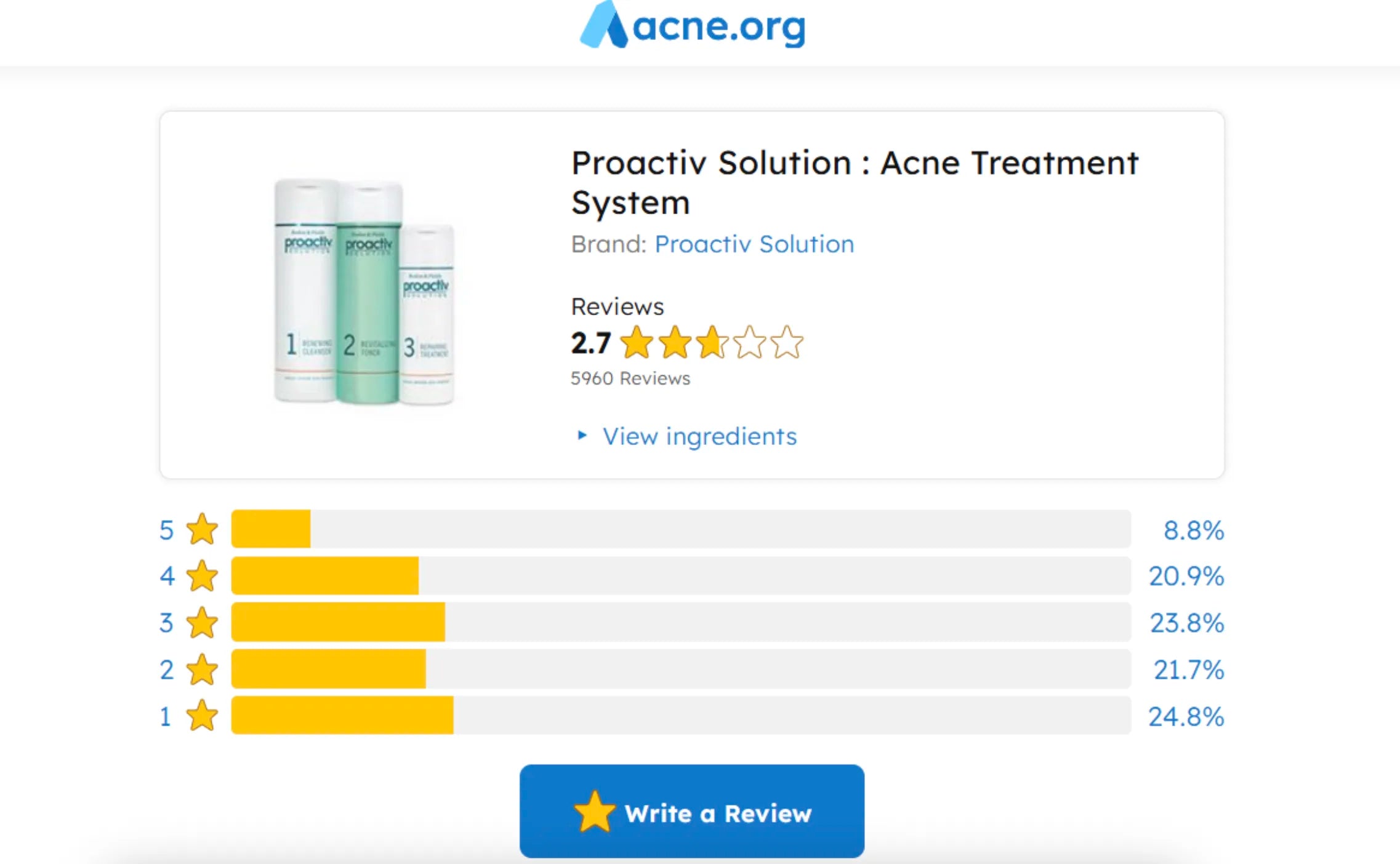 Screenshot of Proactiv customer reviews on Acne.org