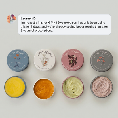 Four open Complete Acne Killer System 2.0 jars with a parent testimonial about clearer skin