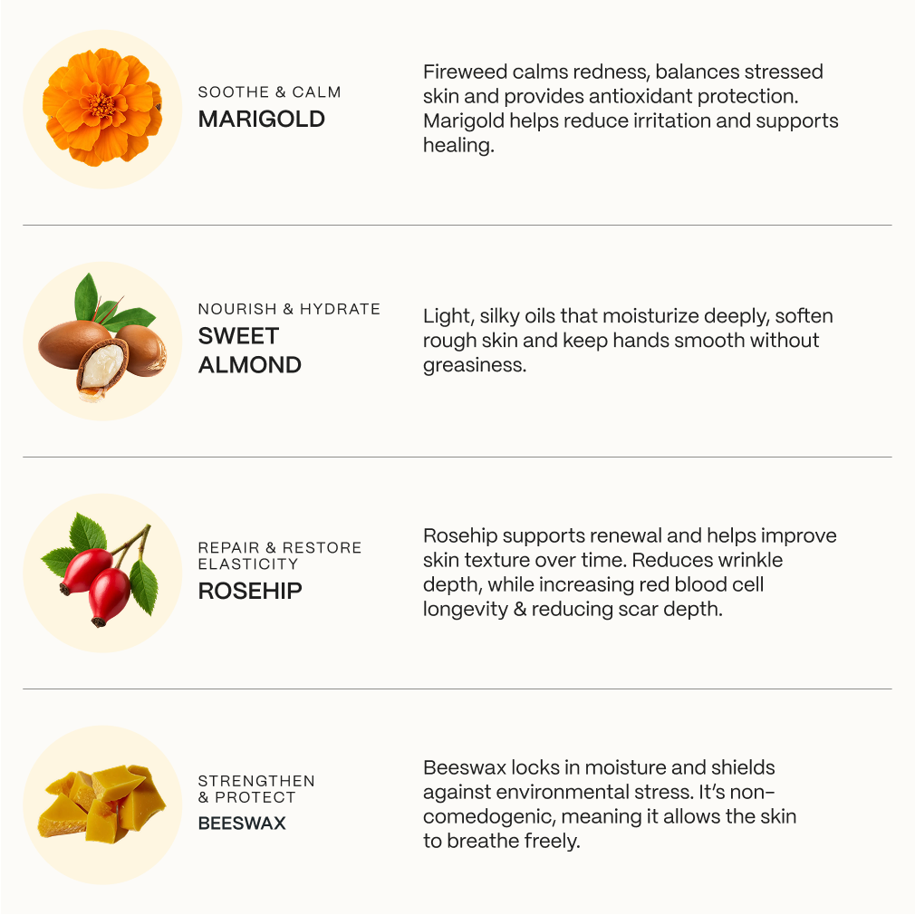 Ingredient card: marigold, sweet almond, rosehip and beeswax in Pimple Stopper Night Balm