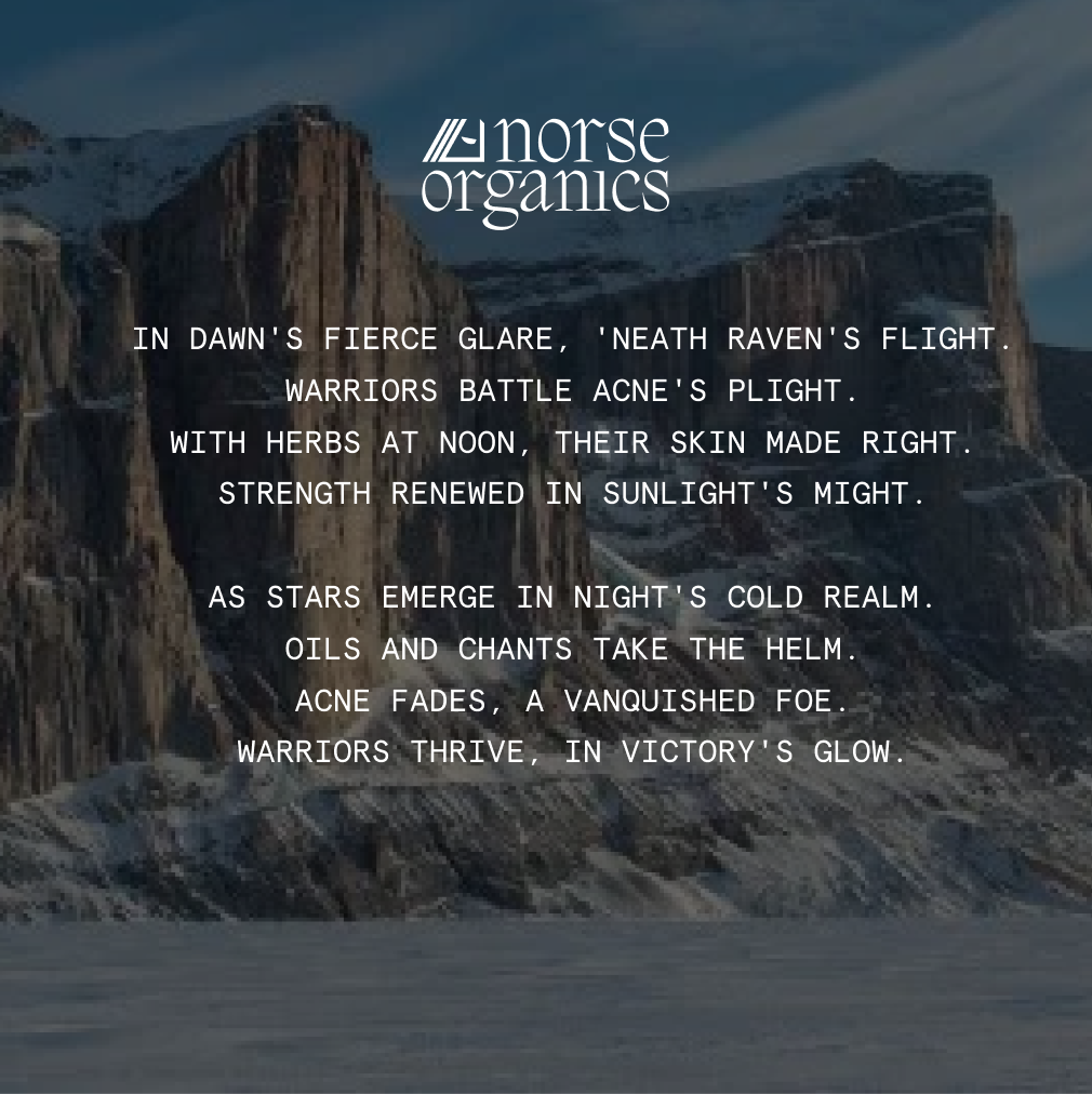 Norse-themed poem graphic for Pimple Stopper Night Balm, a natural balm for acne-prone skin