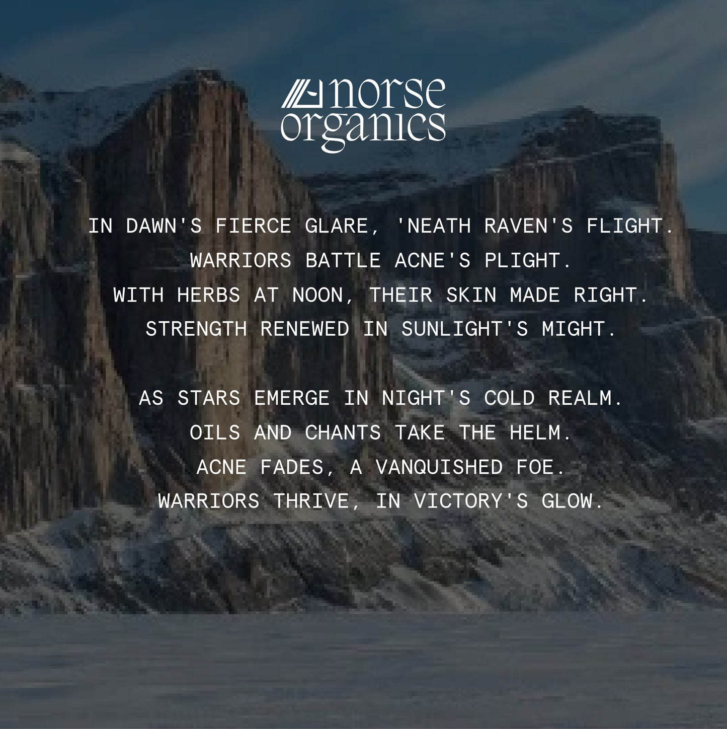 Snowy Arctic mountain scene with Norse poem graphic for Pimple Stopper Day Balm